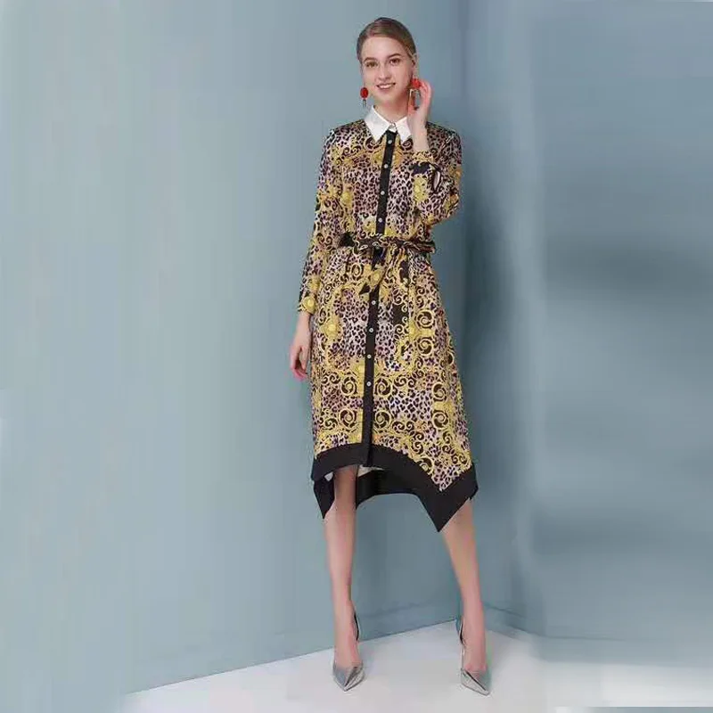 Spring and summer new classic leopard print dress, loose version design, big shots, full of aura, belts, beads