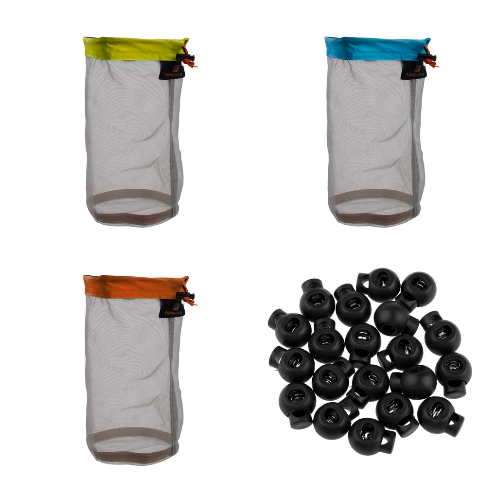 3 Pack Ultra Stuff Sacks- Nylon Mesh Drawstring Storage Bag for Camping Travel Hiking Outdoor Sports, Bungee Toggles Included