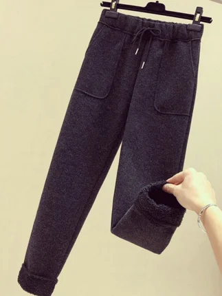 Осень и Зима Новая мода дикая личность сшивание Высокая талия прямые плюс бархат Теплые повседневные девять брюк - Цвет: Черный
