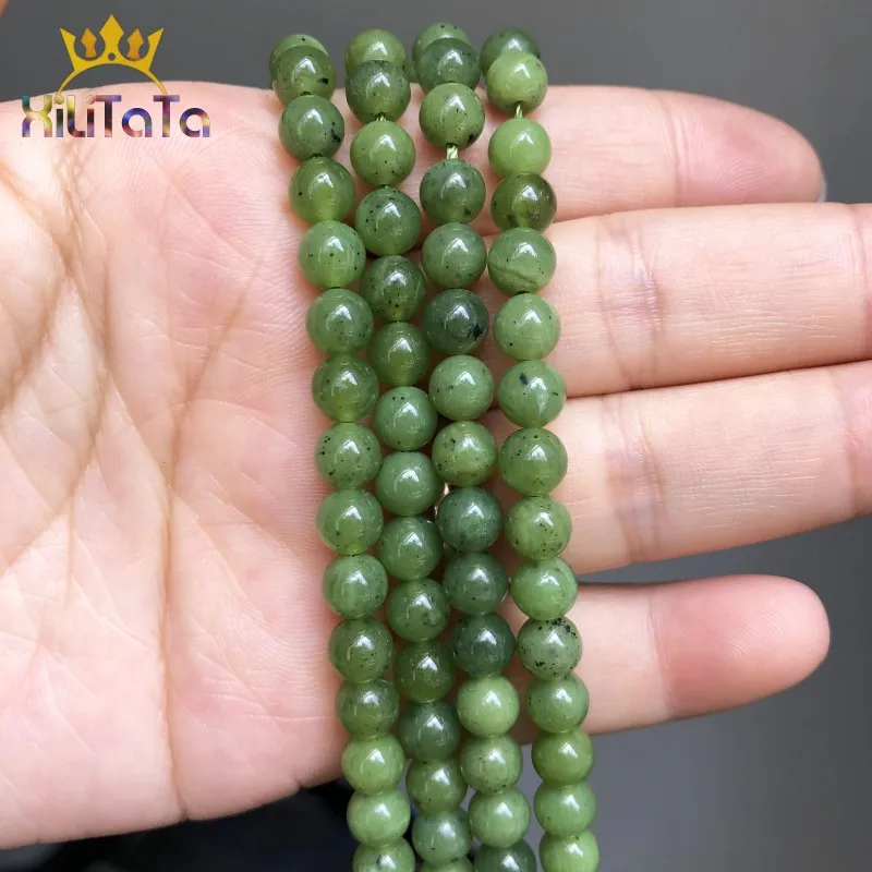 Natural Canada Jades Round Stone Beads Smooth Loose Bead For Jewelry Making DIY Bracelet Ear Studs Accessories 7.5'' 6/8/10/12mm