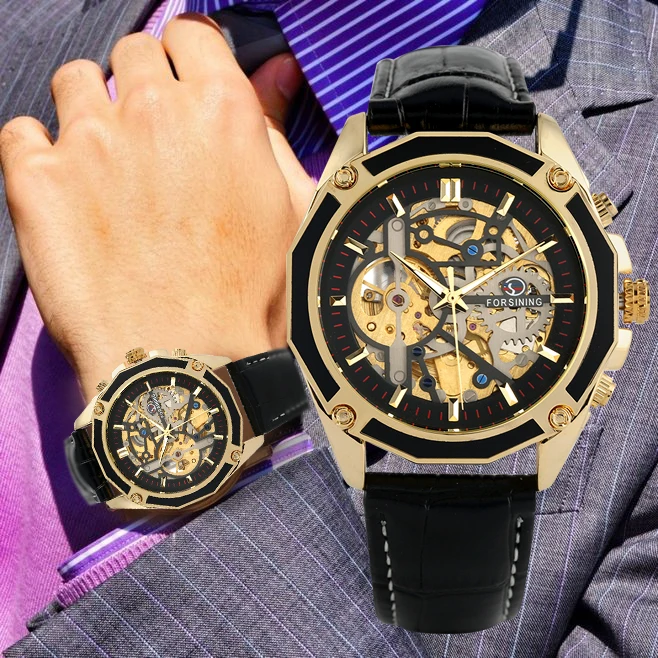 Men's Automatic Mechanical Watch Hollow Out Luxury Wristwatch Stainless Steel Skeleton Leather Strap Luminous Functions