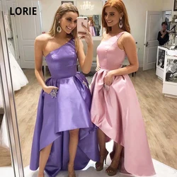 LORIE One Shoulder High-Low Satin Prom Dress with Pocket Crystal Bead Simple Party Eveing Gown Special Occasion Dress 2020