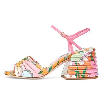 

Mixed Colors Flower Women Party Sandals Runway Pleated Print Floral Woman Sandals Square Heel Ankle Strap Female High Heels 2020