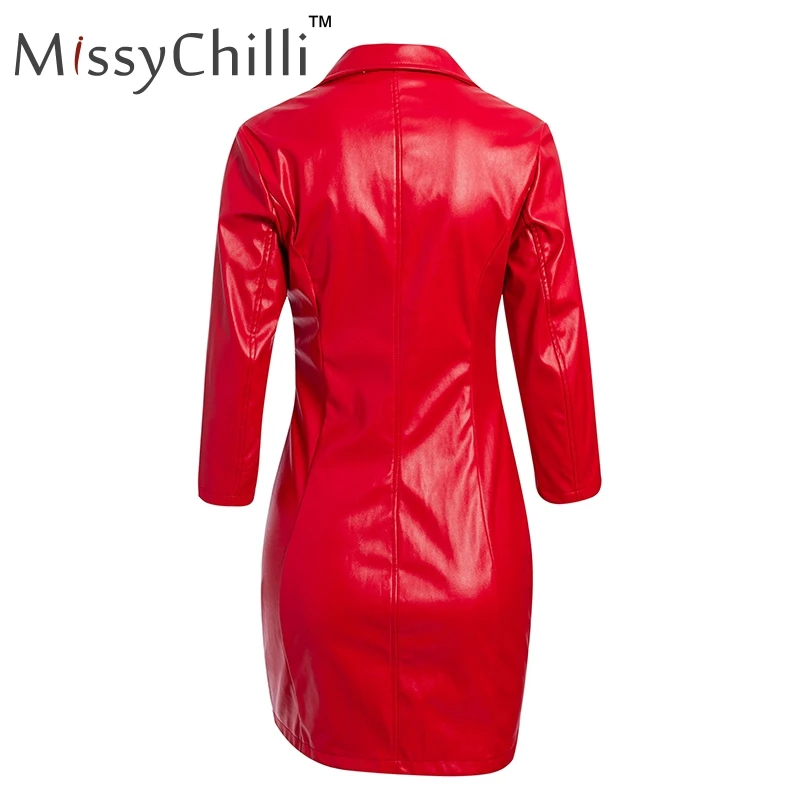 MissyChilli Плиссированное красное платье из искусственной кожи для женщин; зимнее облегающее мини-платье на пуговицах; элегантное осеннее сексуальное Клубное платье с v-образным вырезом; вечерние платья