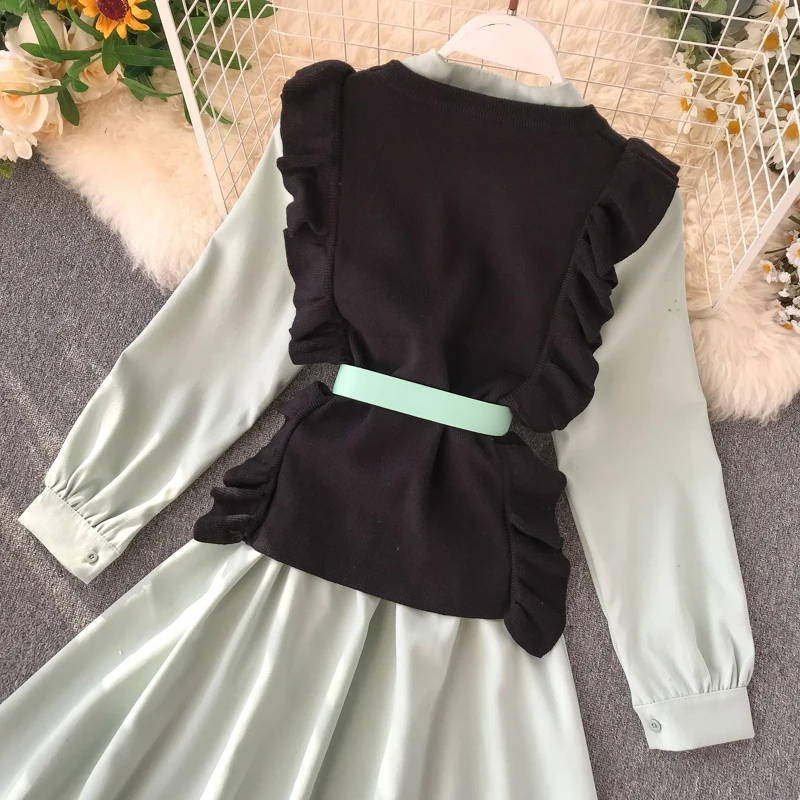 ALPHALMODA модный жилет с поясом+ платье с длинными рукавами комплект из 2 предметов, однобортное платье-рубашка, вязальный резервуар, Женский Повседневный осенний комплект