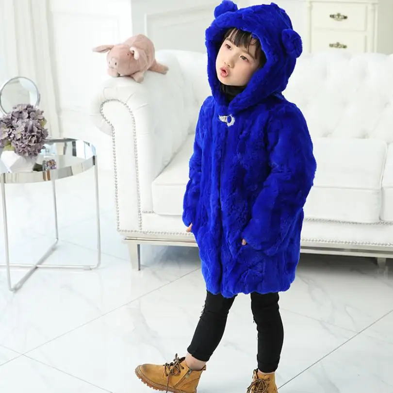 Royal blue Настоящий мех кролика пальто с капюшоном в году, зимние модные детские толстые теплые куртки с натуральным кроличьим мехом Modis дети пальто Y1873 - Цвет: Royal blue