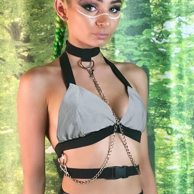 IAMHOTTY цепи Светоотражающие Холтер Сексуальные Croptop Mujer Лоскутные спинки вечерние Клубные готические майка на бретельках v-образным вырезом Пряжка Camis