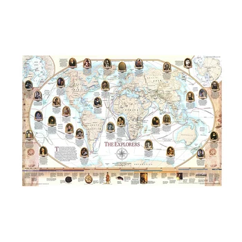 

150x100cm Retro World Map World Famous Navigator and Explorer Navigation Map Non-woven World Map By National Geographic Society