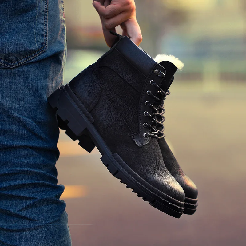 

2018 Winter New Style Sheep Fur Snow Boots Men's Genuine Leather plus Velvet Warm Cotton-padded Shoes England Retro Martin Boots