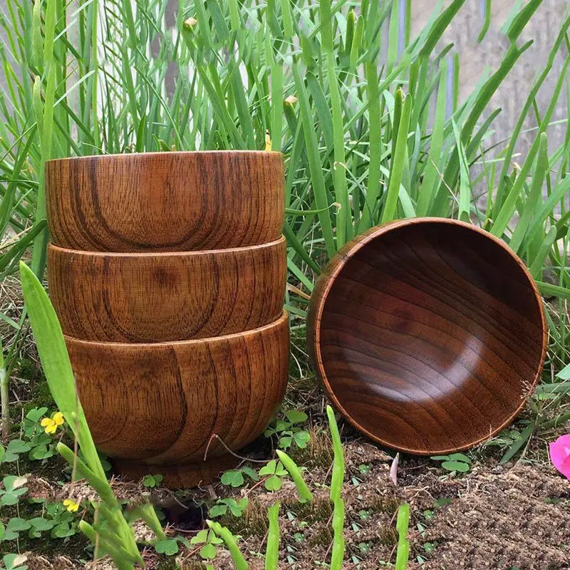 Set of 4 Solid Wood Bowl, 4-1/8 inch Dia by 2-5/8 inch, for Rice, Soup, Dip, Decoration(Small