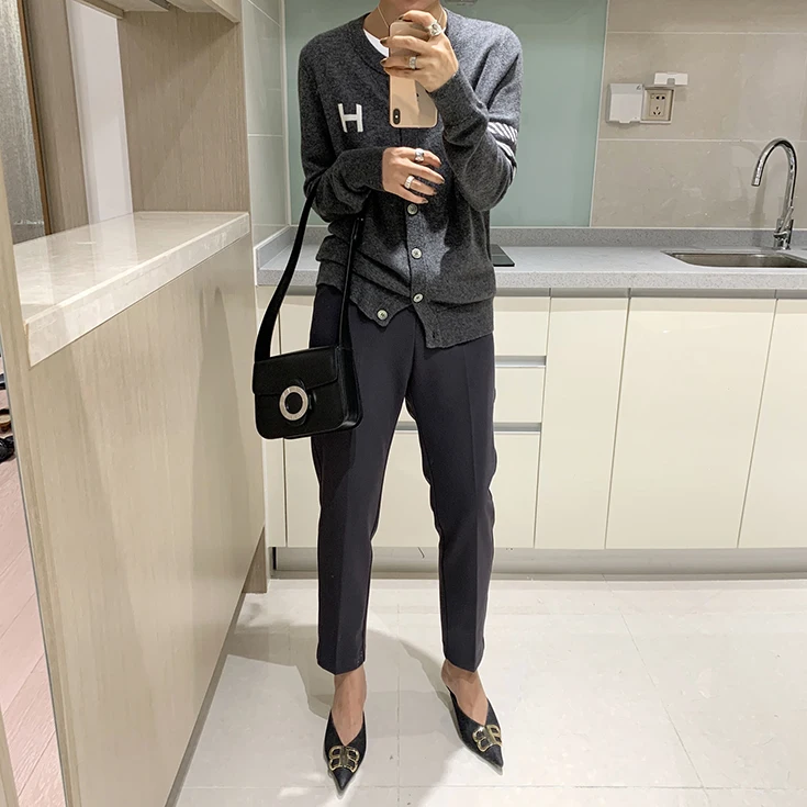 DY Europe station cashmere cardigan women's loose H-letter thin knitted jacket sweater slim round neck sweater