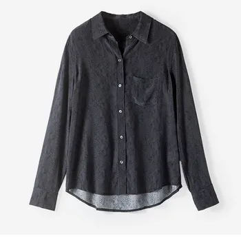 

2020 Silk Snakeskin Print Jacquard Women's Black Blouse Long Sleeve Slim Sexy Shirt Top With Pocket