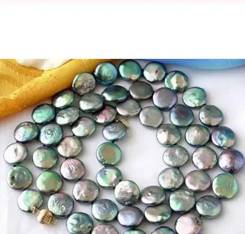 

Free shipping 32" 14MM PEACOCK BLACK COIN FRESHWATER CULTURED PEARL NECKLACE
