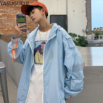 

YASUGUOJI New Spring Summer Bomber Jacket Men Casual Solid Windbreaker Zipper Thin Hooded Coat Outwear Waterproof Male Jacket