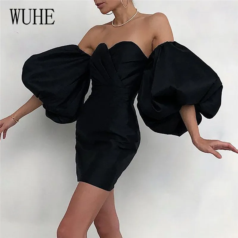 WUHE, сексуальное облегающее платье с открытой спиной и пышными рукавами, элегантное платье без бретелек, облегающее Бандажное мини-платье, красные платья для вечеринок