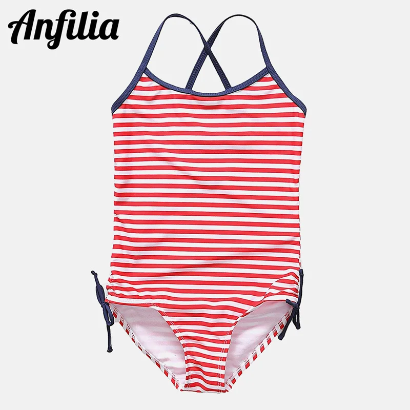 Anfilia Girls' One-Piece Swimsuits Stripe Printed Swimwear Kids Side Tied Bikini Cute Beach Wear Children's One-piece Suits - Цвет: RED