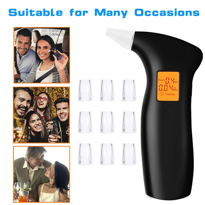 LAMJAD портативный алкотестер с 10 мундштуками, профессиональный Алкотестер с подсветкой ЖК-экрана, черный