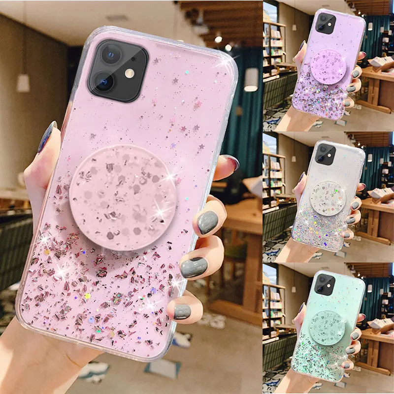 Блестящий блестящий чехол для iPhone 12 11 Pro Max Mini XS XR X SE 2020 8 7 6s 6 Plus с держателем и