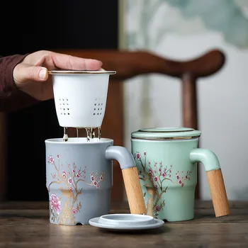 

Porcelain Painting Mug with Cover Filter Large Green Tea Cup Office Tea Separation Cup Tea Cup