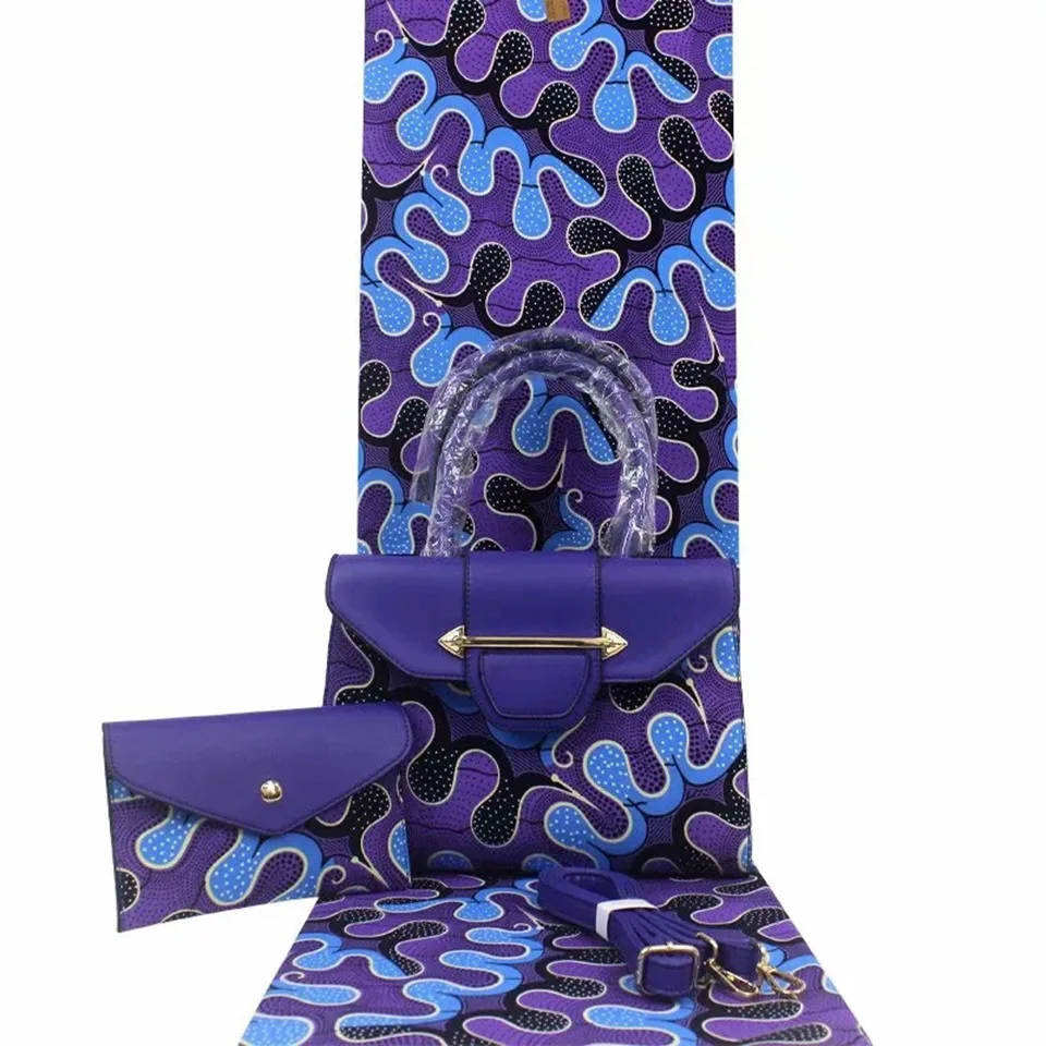 

3pc Set African Print Handbag+ Clutch Bag+6 Yard Ankara African Wax Print Fabric Tissues Africain Purple For Women YB-20
