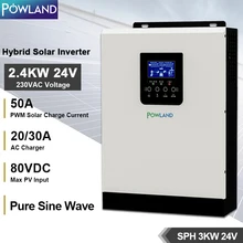 Powland 3000W Solar Inverter 2400VA Pure Sine Wave Hybrid 24VDC Input 220VAC Output Build In PWM 50A Solar Charger Controller
