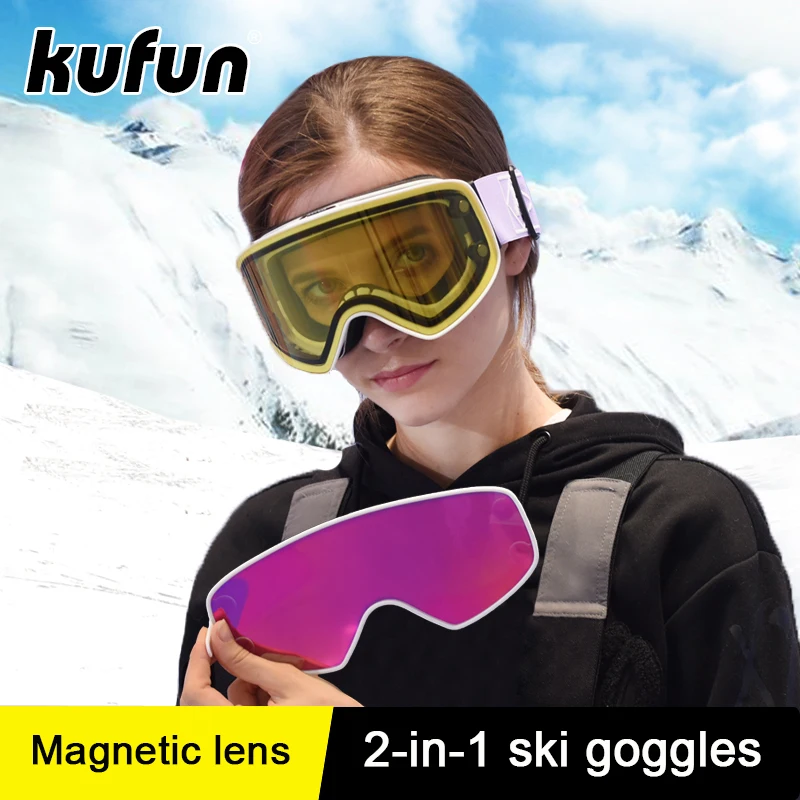 

KUFUN Magnetic Ski Goggles with Quick-change Lens and Case Set UV400 Protection Anti-fog Snowboard Goggles for Men & Women