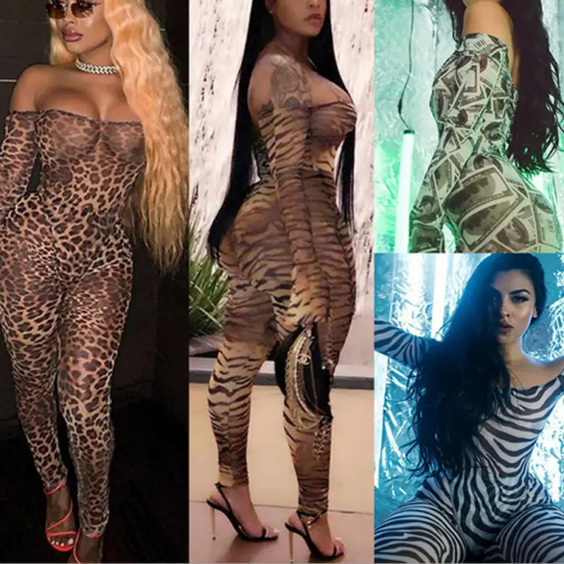 Sexy Women Mesh Sheer Leopard Print Ruffle Sleeve Long Jumpsuit Romper Clubwear