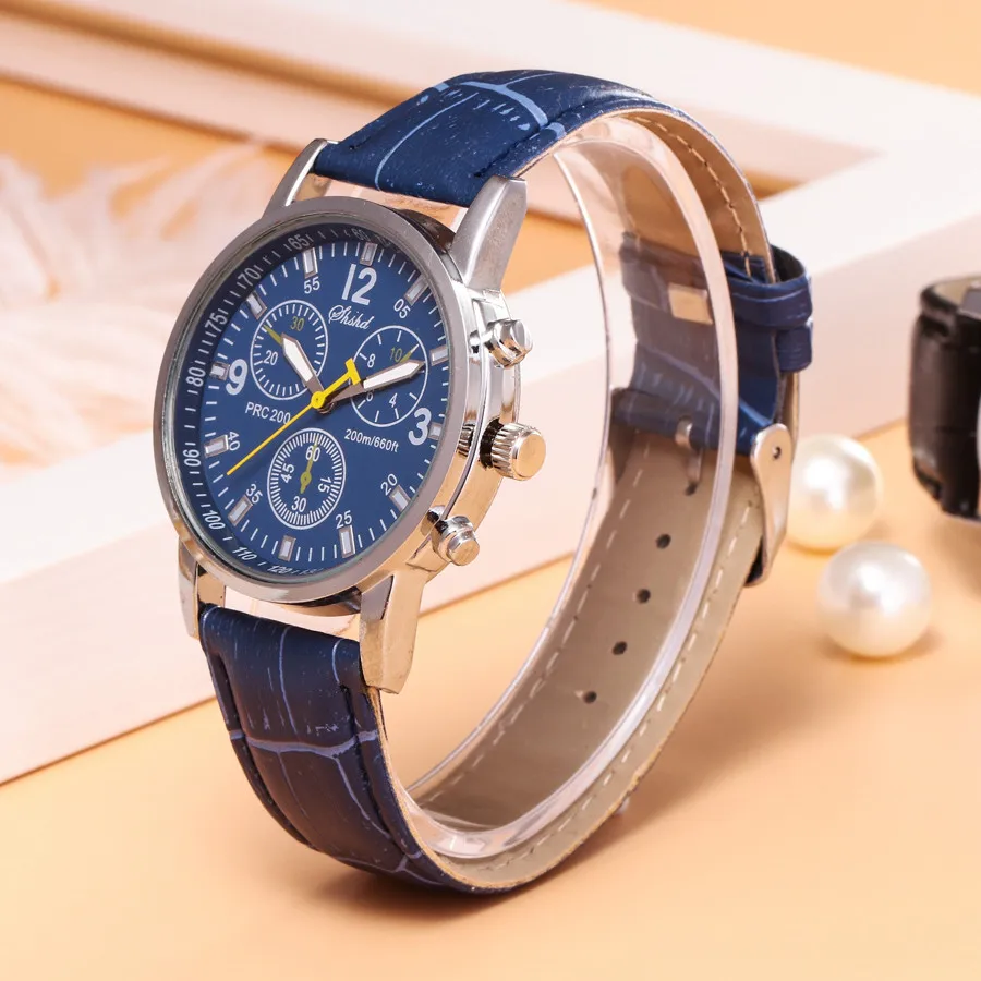 Мужские часы с голубым лучевым стеклом, нейтральные кварцевые часы, имитирующие кожаный ремешок, мужские деловые часы, лучший бренд класса люкс