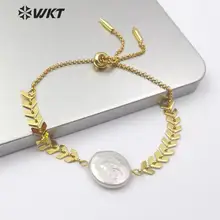 WT-B499 натуральный жемчуг с золотыми браслетами V форма листьев регулируемые браслеты Шарм женские ювелирные изделия вечерние Подарок на годовщину