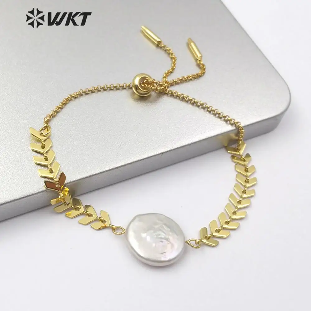 

WT-B499 2019 New Natural Pearl with Gold Bracelets V Leaves Shape adjustable Bangles Charm Women Jewelry Party Anniversary Gift