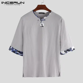 

INCERUN Ethnic Style Men Shirt Casual Cotton Print Patchwork 2020 Streetwear Half Sleeve Tops Vintage High Quality Mens Shirts