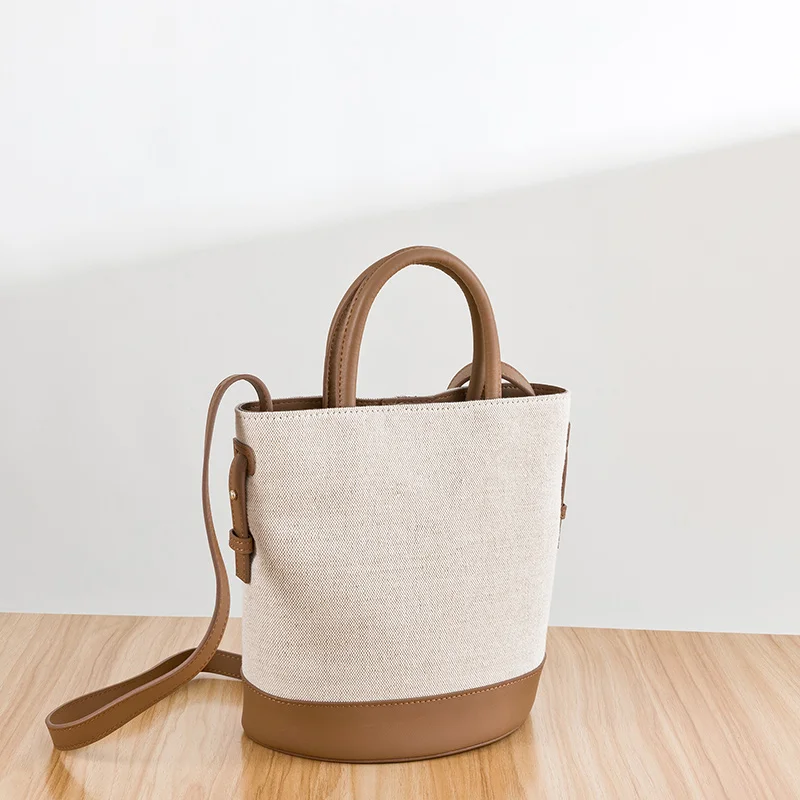 WOONAM Women Fashion Handbag Top Hide Genuine Calf Leather Trimmed Selected Canvas Bucket Tote Bag WB1153 | Багаж и сумки