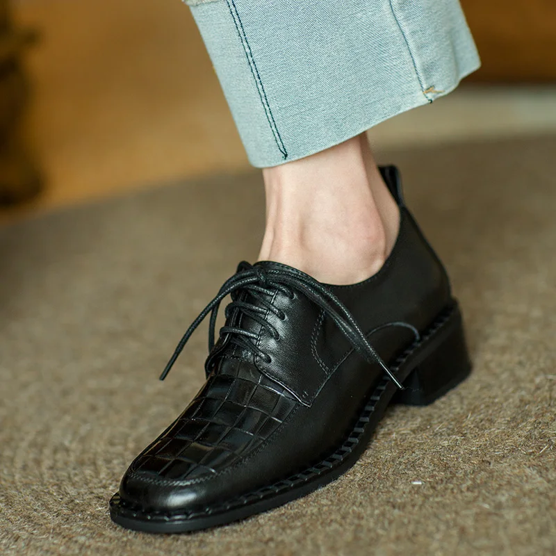 

Woman Heels Oxford Shoes Genuine Leather Autumn Lace-up Round Toe Ladies Pumps High Heels Loafers Shoes womens Casual shoes