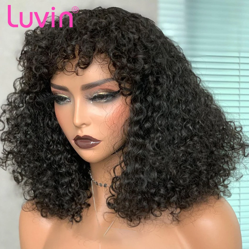 PROD 1005003077223080 Cheap Deep Wave Human Hair Wigs For Women Kinky
Curly Wig With Bangs Fringe Glueless Bob Loose Afro Kinky Pre plucked