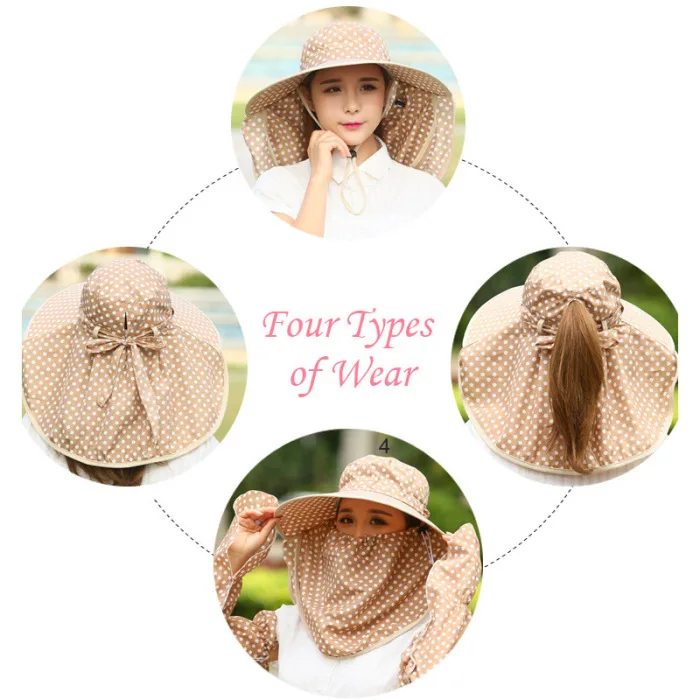 Fashion Summer Women Hat With Sleeves Dot Decorate Foldable Caps Ladies Beach Sunscreen Casual Hats Gardener Work Cap NOV99