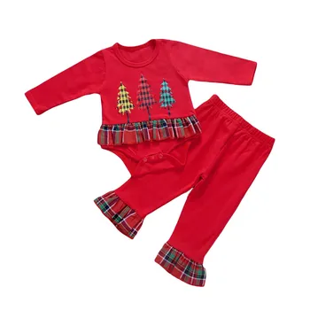 通販 2020クリスマスベビーガールズボーイズ服セット幼児漫画の木プリント長袖ボディースーツ + チェック柄フレアロングパンツ0-24メートル