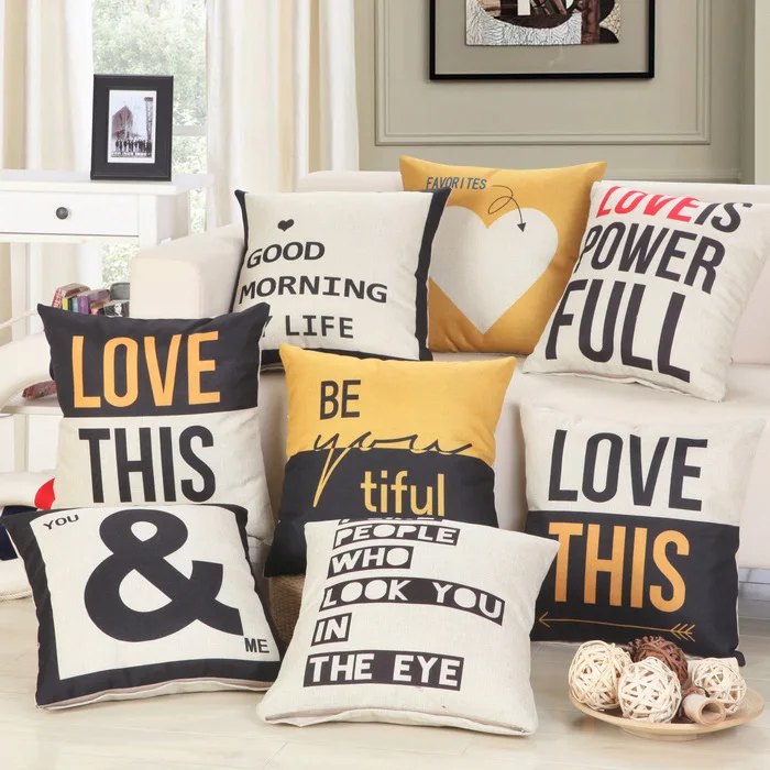 

1Pcs Love Pattern Yellow Black Cotton Linen Throw Pillow Cushion Cover Home Decor Sofa Bed Decor Decorative Pillowcase 40142