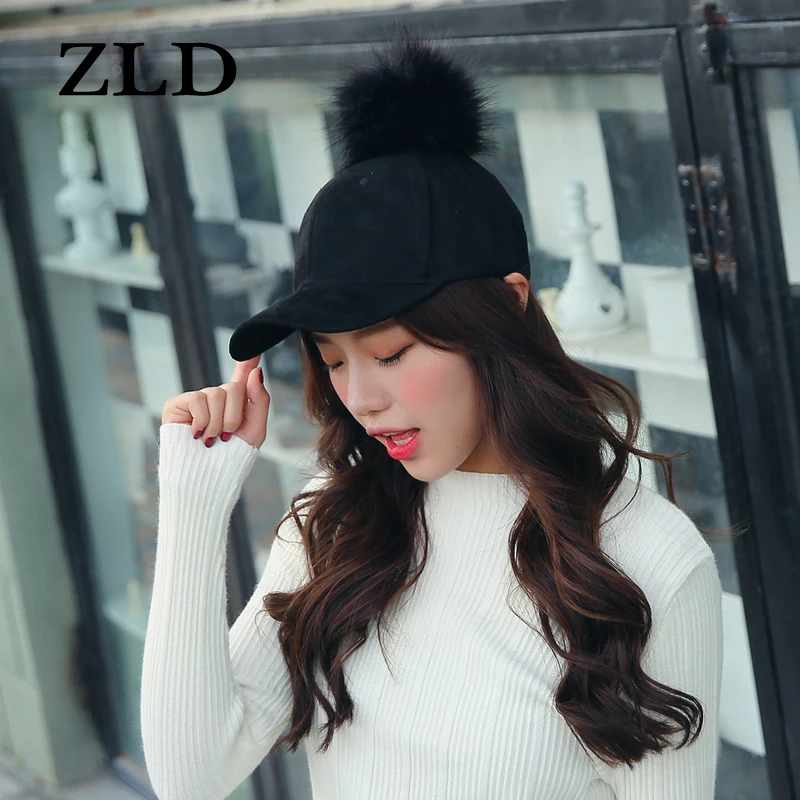 

ZLD New Style Women Faux Cute Fur Pompom Baseball Caps Light Tan Ball Suede Cap Hip-hop Hat Gorros gorras para hombre de marca