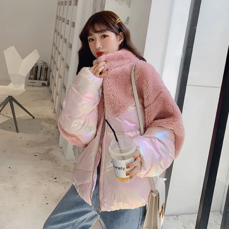 FTLZZ Bright Side Patchwork Lamb Fur Coat Winter Women Cotton Padded Jacket Female Thicken Warm Snow Glossy Short Outwear