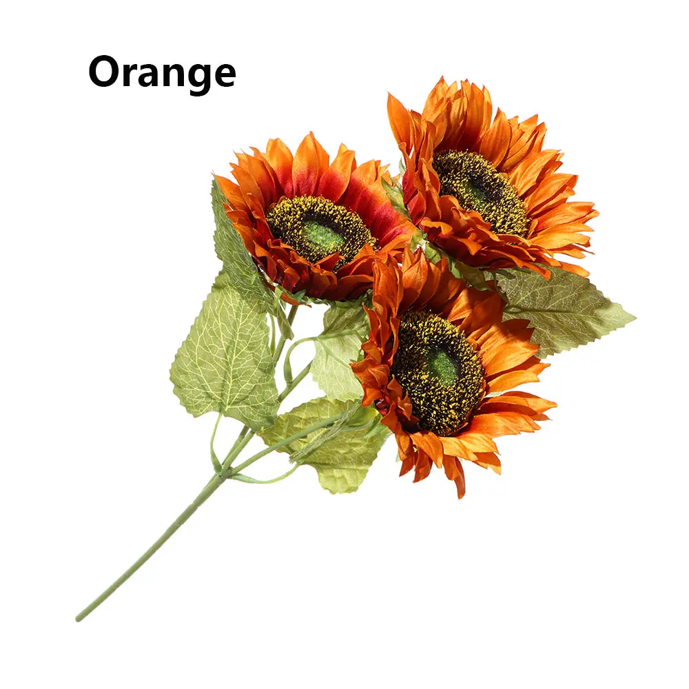 Silk Artificial Flowers Bouquet Autumn Decoration 3Heads Yellow Sunflower For Home Decoration Office Party Garden Decor - Цвет: Оранжевый