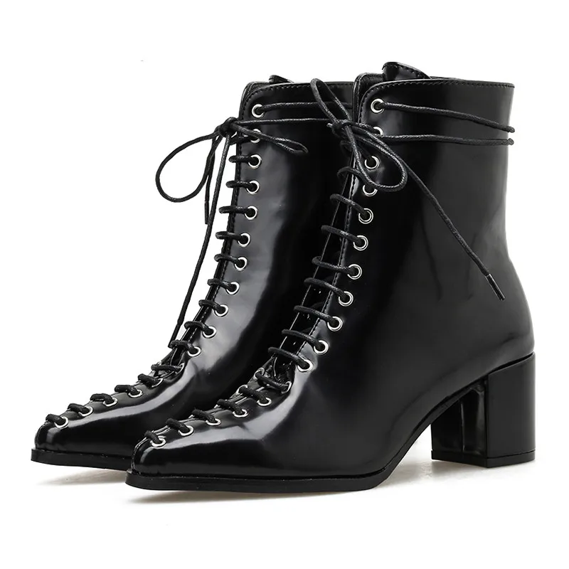 black shoes Gdgydh/ г. Женские ботильоны темно-черного цвета лакированный кожаный женский полусапожки на шнуровке обувь в британском стиле с острым носком на толстом каблуке - Цвет: black shoes