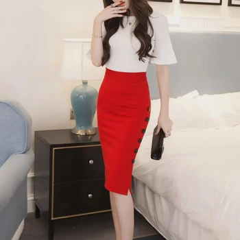 

New Fashion Women Skirt Midi Skirt Slim OL Sexy Open Slit Button Slim Pencil Skirt Elegant Ladies Skirts 2 Colors