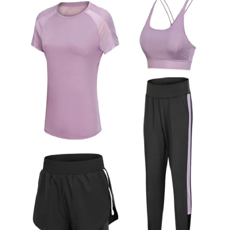 Purple-1-4pieces set Damdos женская спортивная одежда Йога набор фитнес одежда для спортзала и бега теннисная рубашка+ брюки для йоги, леггинсы для пробежки тренировки спортивный костюм - Цвет: Purple-1-4pieces set