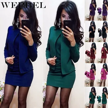 

WEPBEL Spring Women Solid Color Long Sleeve Short Jacket Multi-layer Slim Round Collar Sleeveless Short Professional Suit Dress