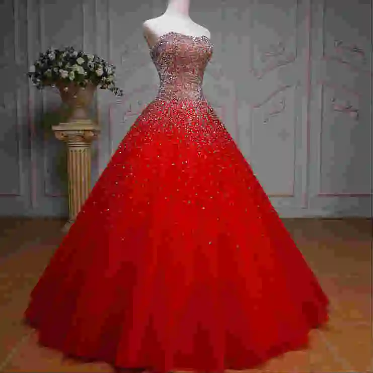 Красный Без Бретелек Без спины вышитый бисером Кристалл Vestido De для дебютантки на выпускной платье для 15 лет Королевское голубое праздничное платье Бальные платья - Цвет: Красный