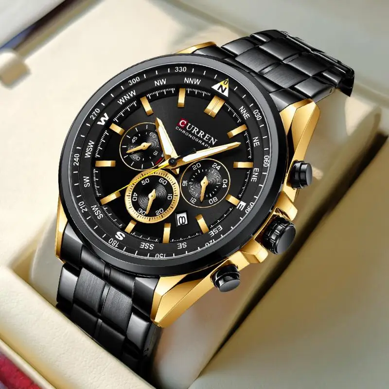 

CURREN Men Quartz Wristwatches Luxury Brand Sporty Chronograph Watches Stainless Steel Luminous Hands Male Clock Black