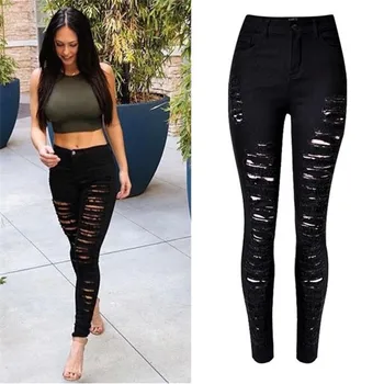 

2019 New Fashion Personality Explosion Style European and American Street Popular Ripped Slim Stretch High Waist Denim Pants