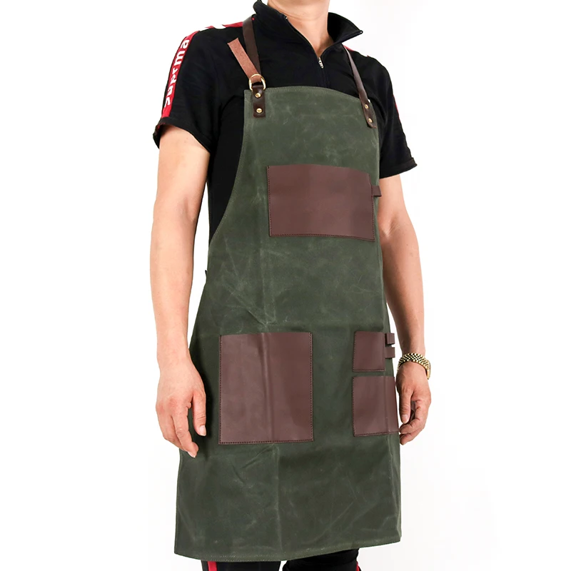WEEYI Vintage Green Waxed Canvas Grill Aprons For Woman Men Unisex Aprons For Kitchen Cooking Baking BBQ Coffee Shop Work Apron