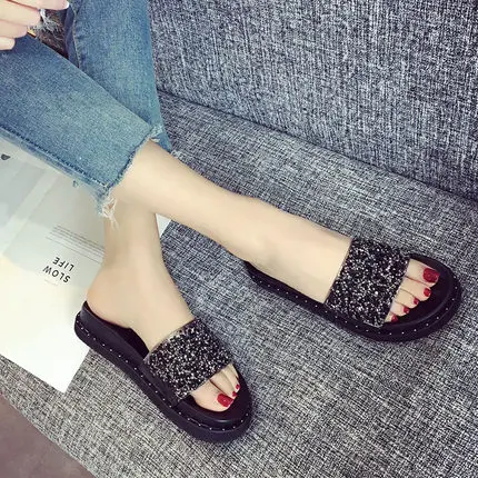 Summer Fashion Sequined Rhinestone Thick-soled  Korean version Flat-bottomed Wear-resistant Women's Sandals  Slippers