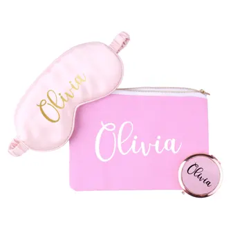 

Customized Bridesmaid Gift Set 3-in-One Personalized Name Makeup Bag Sleep Mask Compact Mirror Bachelorette Bridal Party Gift